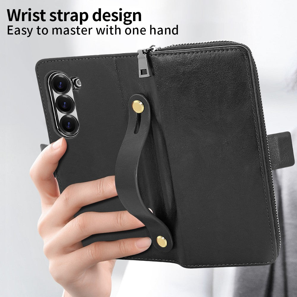 For Samsung Galaxy Z Fold7 5G Case Zipper Pocket Leather Phone Cover with Screen Protector / Stylus Pen - Black