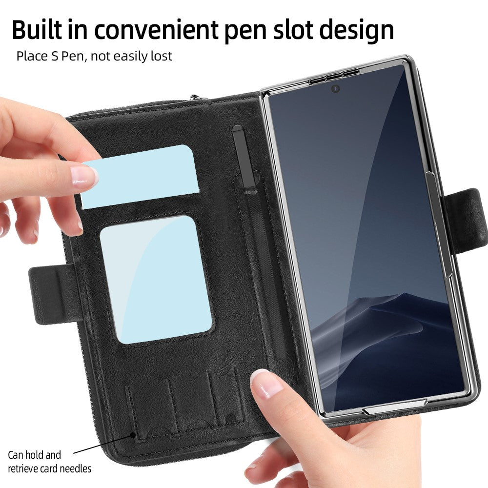For Samsung Galaxy Z Fold7 5G Case Zipper Pocket Leather Phone Cover with Screen Protector / Stylus Pen - Black