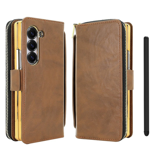 For Samsung Galaxy Z Fold7 5G Case Zipper Pocket Leather Phone Cover with Screen Protector / Stylus Pen - Brown