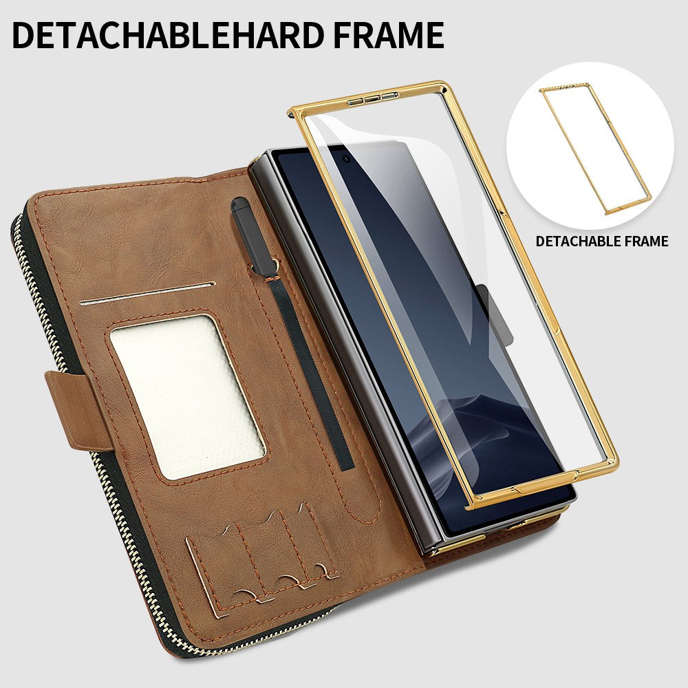 For Samsung Galaxy Z Fold7 5G Case Zipper Pocket Leather Phone Cover with Screen Protector / Stylus Pen - Brown