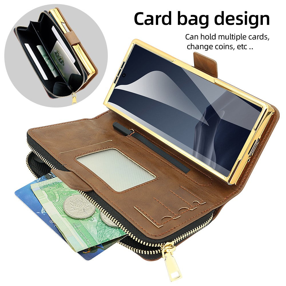 For Samsung Galaxy Z Fold7 5G Case Zipper Pocket Leather Phone Cover with Screen Protector / Stylus Pen - Brown