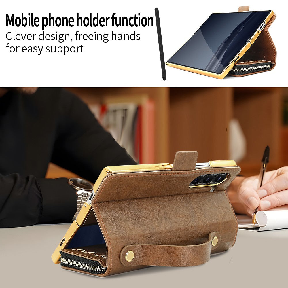 For Samsung Galaxy Z Fold7 5G Case Zipper Pocket Leather Phone Cover with Screen Protector / Stylus Pen - Brown
