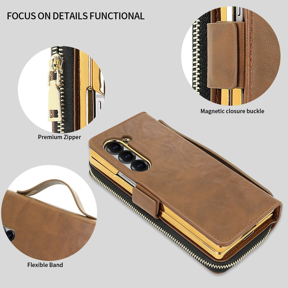 For Samsung Galaxy Z Fold7 5G Case Zipper Pocket Leather Phone Cover with Screen Protector / Stylus Pen - Brown