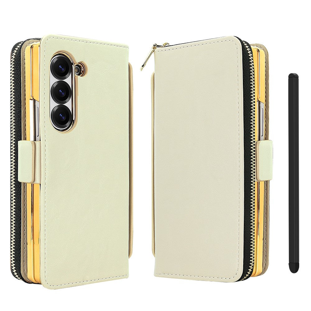 For Samsung Galaxy Z Fold7 5G Case Zipper Pocket Leather Phone Cover with Screen Protector / Stylus Pen - Beige