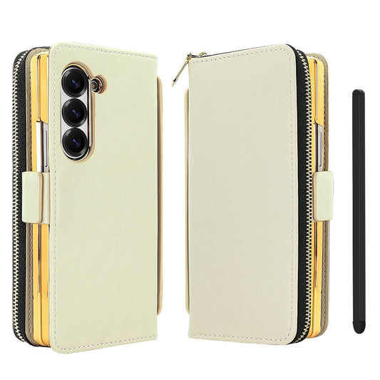 For Samsung Galaxy Z Fold7 5G Case Zipper Pocket Leather Phone Cover with Screen Protector / Stylus Pen - Beige