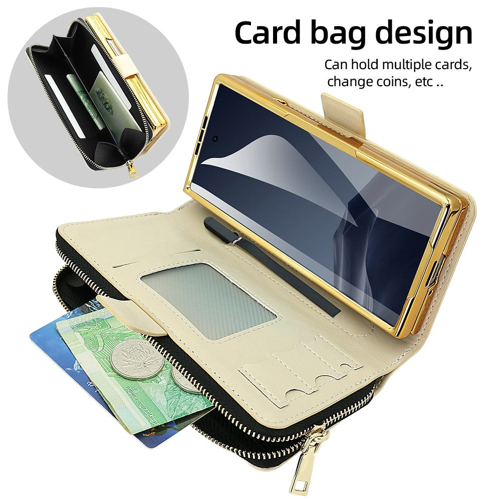 For Samsung Galaxy Z Fold7 5G Case Zipper Pocket Leather Phone Cover with Screen Protector / Stylus Pen - Beige