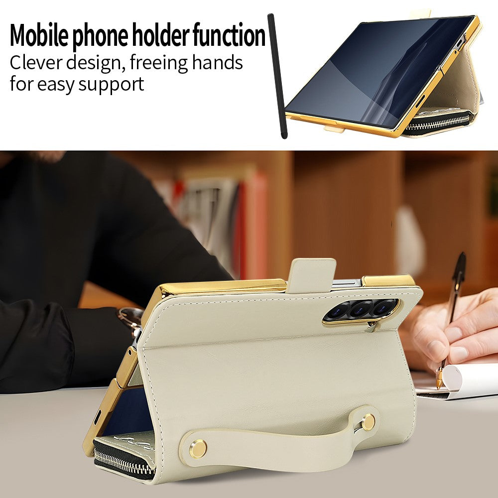 For Samsung Galaxy Z Fold7 5G Case Zipper Pocket Leather Phone Cover with Screen Protector / Stylus Pen - Beige