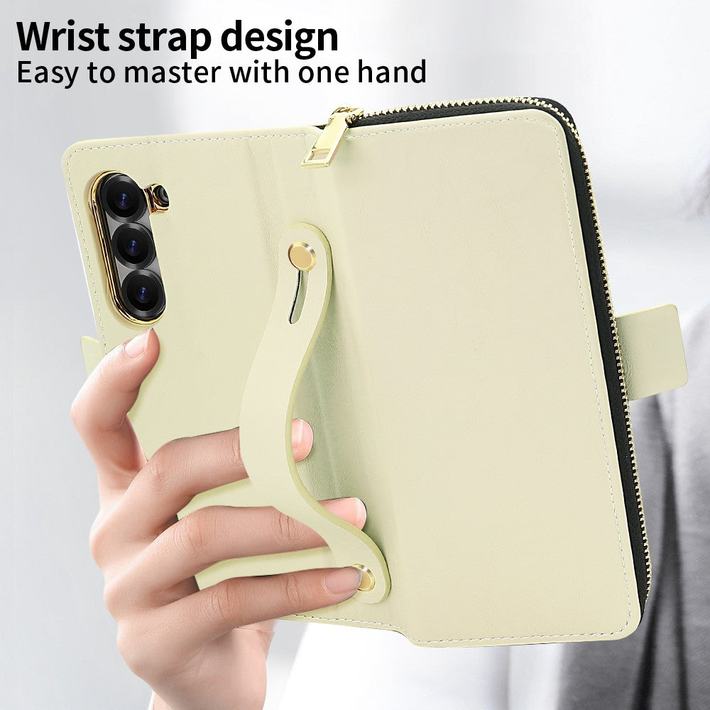 For Samsung Galaxy Z Fold7 5G Case Zipper Pocket Leather Phone Cover with Screen Protector / Stylus Pen - Beige
