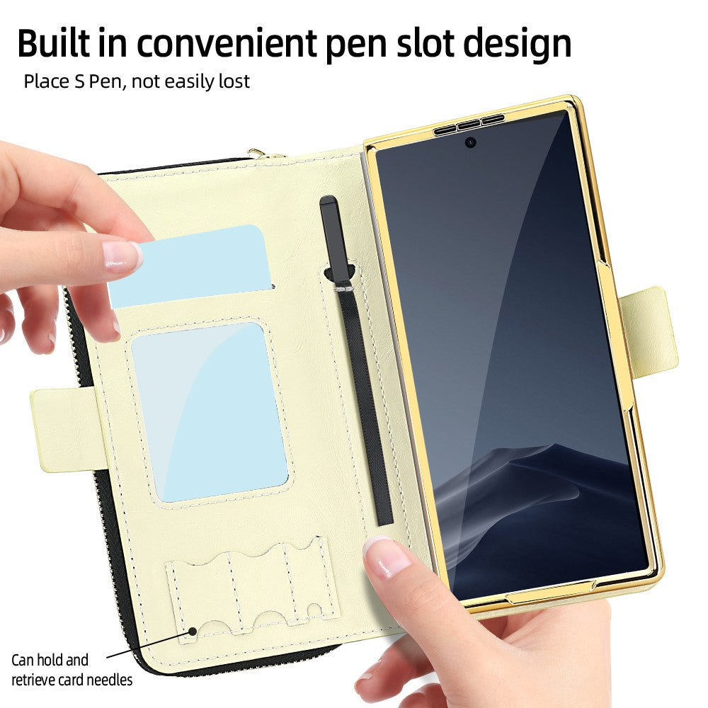 For Samsung Galaxy Z Fold7 5G Case Zipper Pocket Leather Phone Cover with Screen Protector / Stylus Pen - Beige