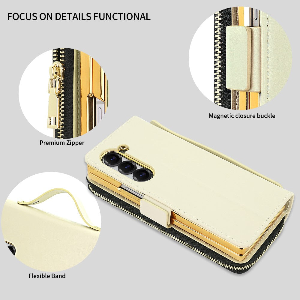 For Samsung Galaxy Z Fold7 5G Case Zipper Pocket Leather Phone Cover with Screen Protector / Stylus Pen - Beige
