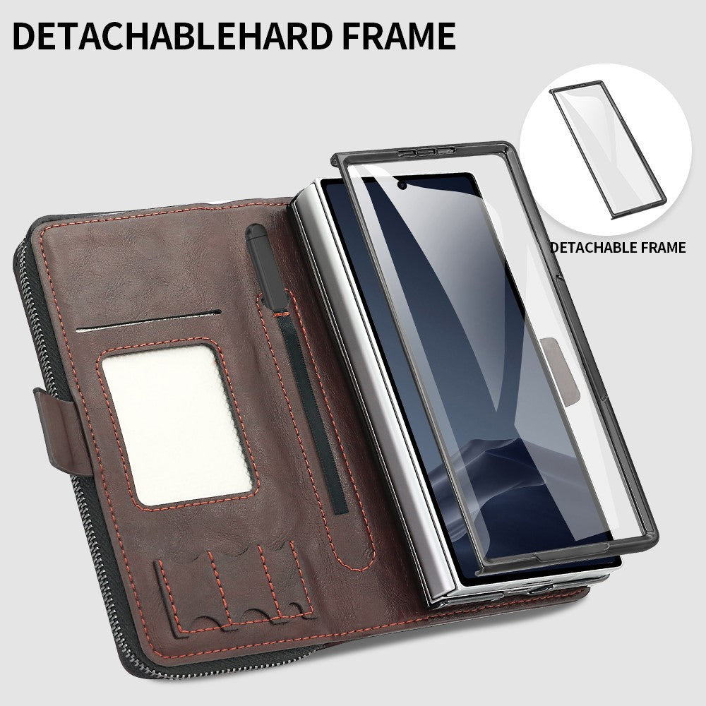 For Samsung Galaxy Z Fold7 5G Case Zipper Pocket Leather Phone Cover with Screen Protector / Stylus Pen - Coffee