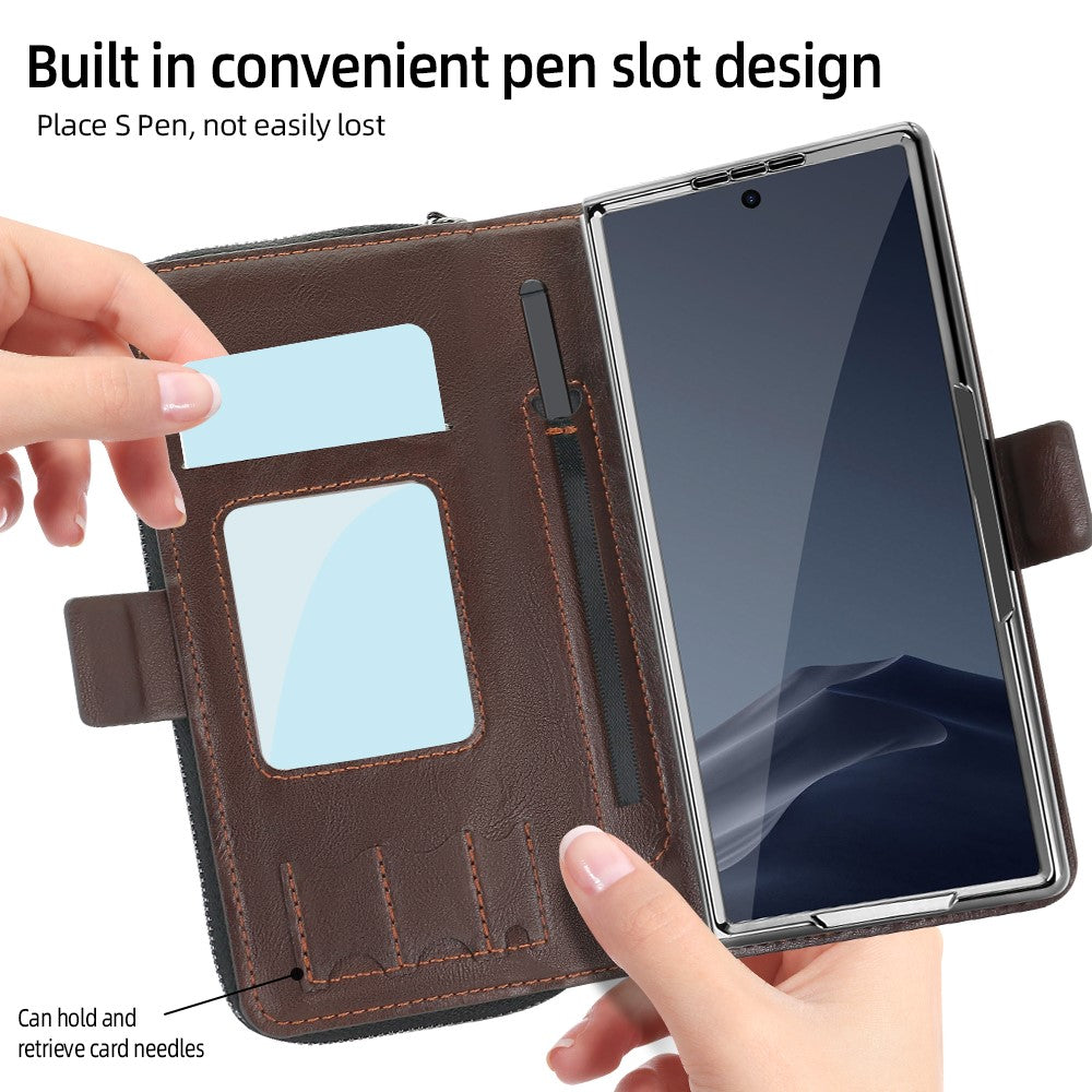 For Samsung Galaxy Z Fold7 5G Case Zipper Pocket Leather Phone Cover with Screen Protector / Stylus Pen - Coffee