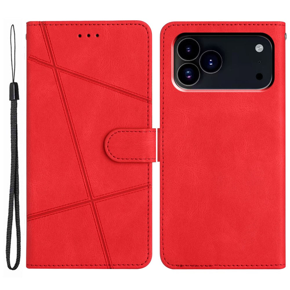 For iPhone 17 Pro Max Wallet Case Line Imprinted Skin-Touch Leather Flip Phone Cover - Red
