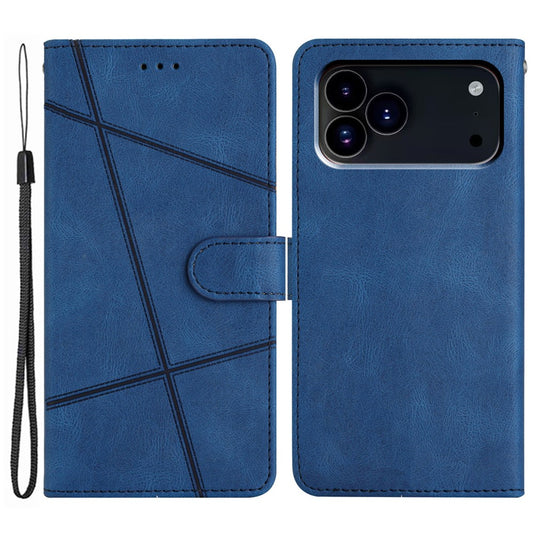 For iPhone 17 Pro Max Wallet Case Line Imprinted Skin-Touch Leather Flip Phone Cover - Blue