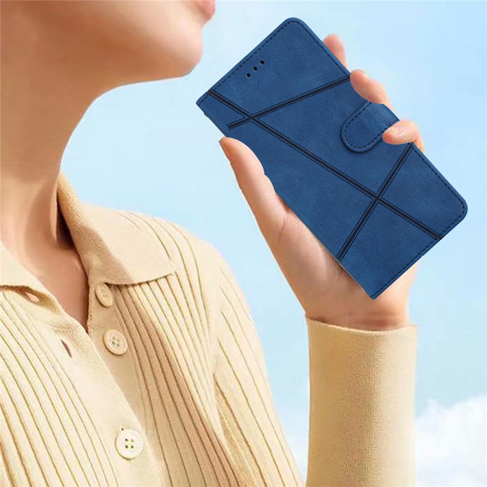 For iPhone 17 Pro Max Wallet Case Line Imprinted Skin-Touch Leather Flip Phone Cover - Blue