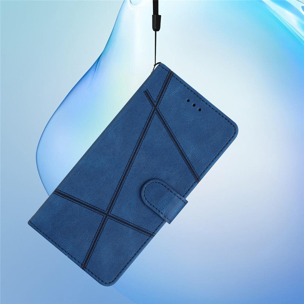 For iPhone 17 Pro Max Wallet Case Line Imprinted Skin-Touch Leather Flip Phone Cover - Blue