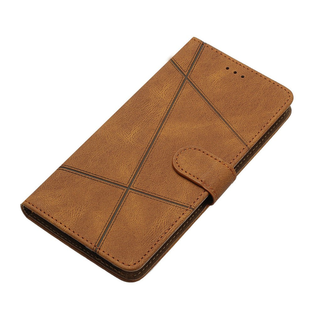 For iPhone 17 Pro Max Wallet Case Line Imprinted Skin-Touch Leather Flip Phone Cover - Brown