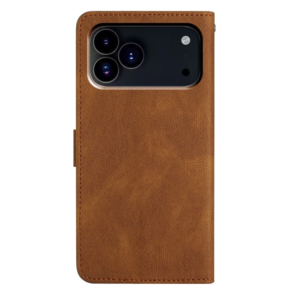 For iPhone 17 Pro Max Wallet Case Line Imprinted Skin-Touch Leather Flip Phone Cover - Brown