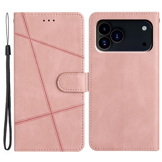 For iPhone 17 Pro Max Wallet Case Line Imprinted Skin-Touch Leather Flip Phone Cover - Rose Gold
