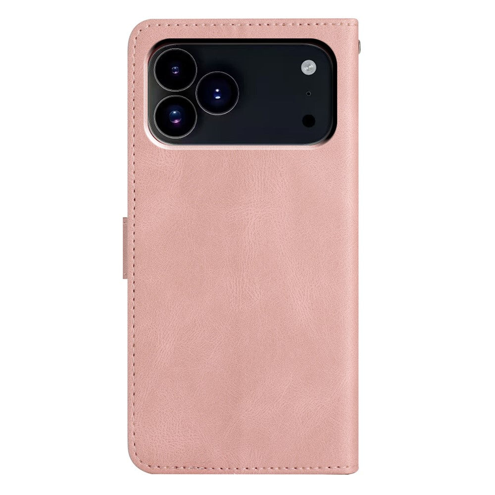 For iPhone 17 Pro Max Wallet Case Line Imprinted Skin-Touch Leather Flip Phone Cover - Rose Gold