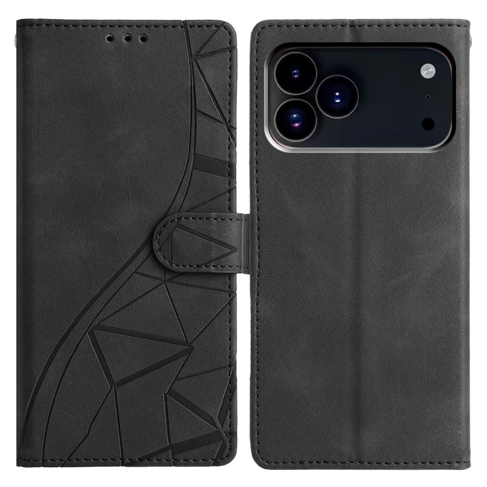 For iPhone 17 Pro Max Case Wallet Stand Imprinted Triangle Pattern Leather Phone Flip Cover - Black