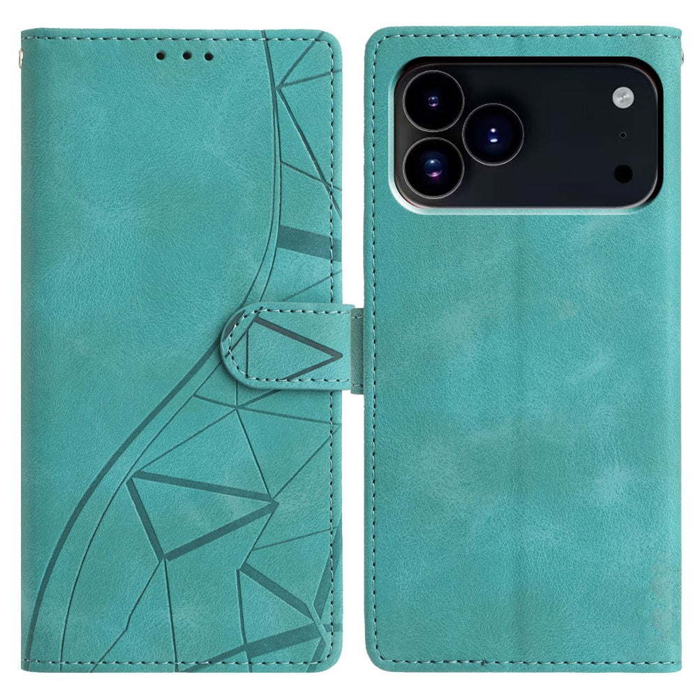 For iPhone 17 Pro Max Case Wallet Stand Imprinted Triangle Pattern Leather Phone Flip Cover - Green