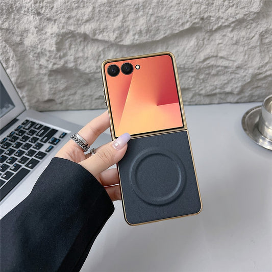 For Samsung Galaxy Z Flip7 5G Magnetic Case Nappa Texture PU + TPU + PC Phone Back Cover - Black