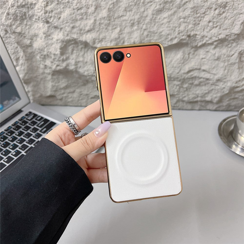 For Samsung Galaxy Z Flip7 5G Magnetic Case Nappa Texture PU + TPU + PC Phone Back Cover - White