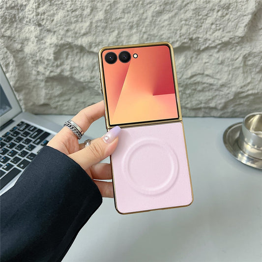 For Samsung Galaxy Z Flip7 5G Magnetic Case Nappa Texture PU + TPU + PC Phone Back Cover - Pink
