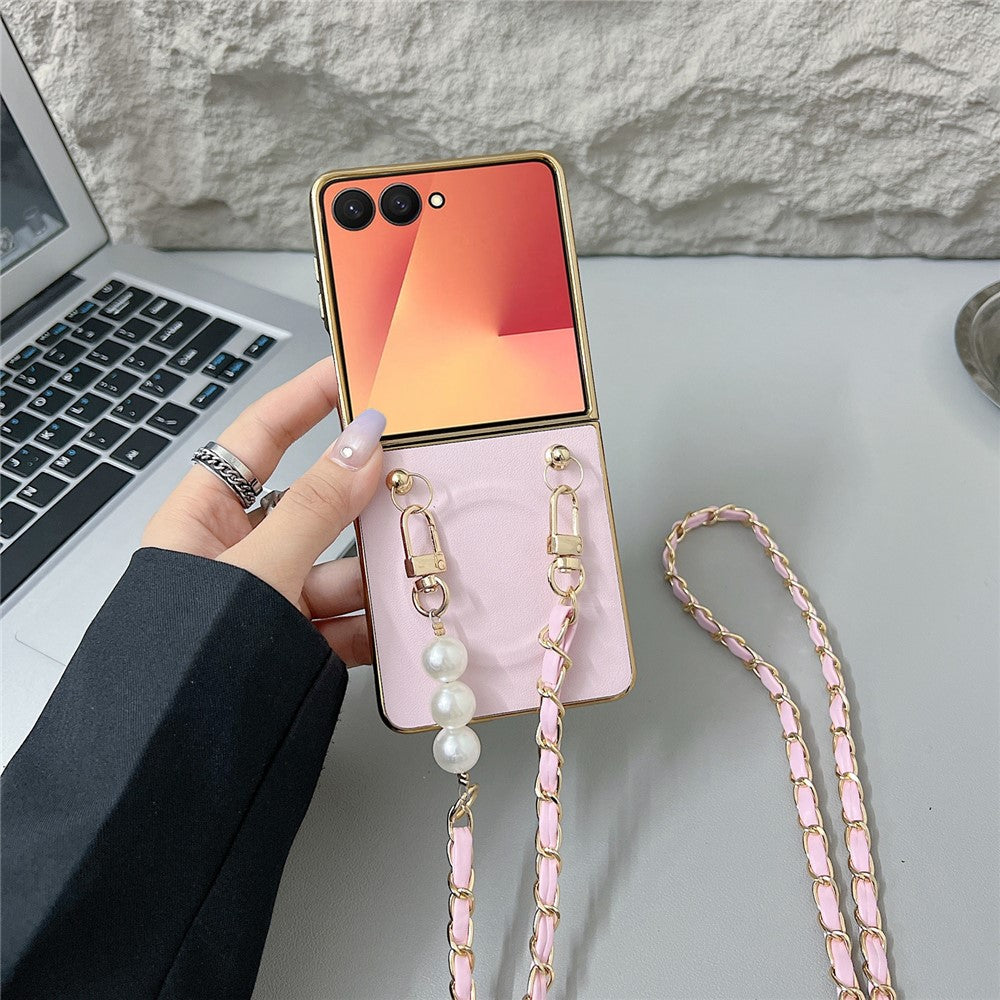 For Samsung Galaxy Z Flip7 5G Magnetic Case with Shoulder Strap Nappa Texture PU TPU PC Phone Back Cover - Pink