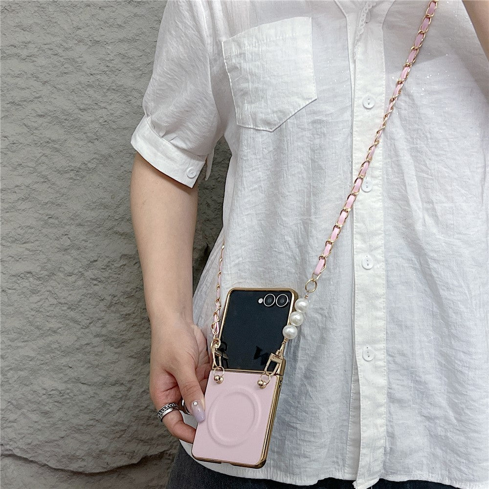 For Samsung Galaxy Z Flip7 5G Magnetic Case with Shoulder Strap Nappa Texture PU TPU PC Phone Back Cover - Pink