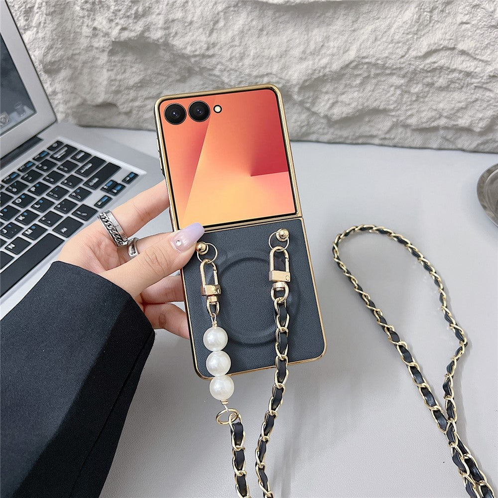 For Samsung Galaxy Z Flip7 5G Magnetic Case with Shoulder Strap Nappa Texture PU TPU PC Phone Back Cover - Black