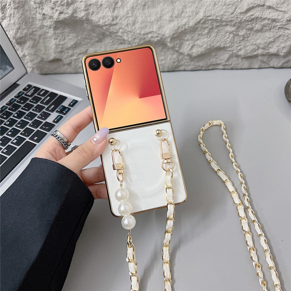 For Samsung Galaxy Z Flip7 5G Magnetic Case with Shoulder Strap Nappa Texture PU TPU PC Phone Back Cover - White