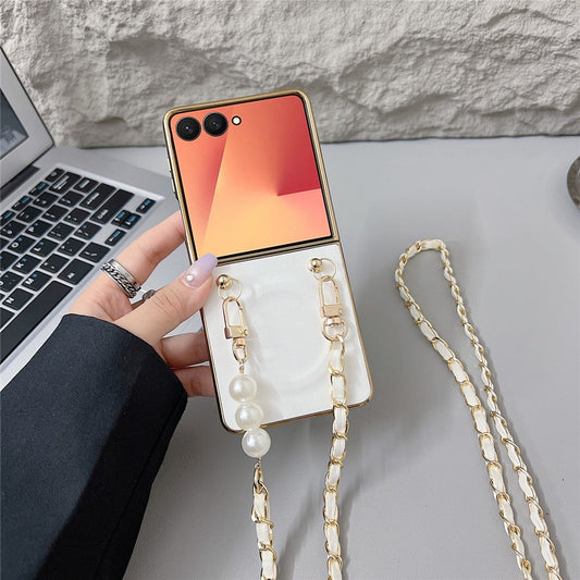 For Samsung Galaxy Z Flip7 5G Magnetic Case with Shoulder Strap Nappa Texture PU TPU PC Phone Back Cover - White