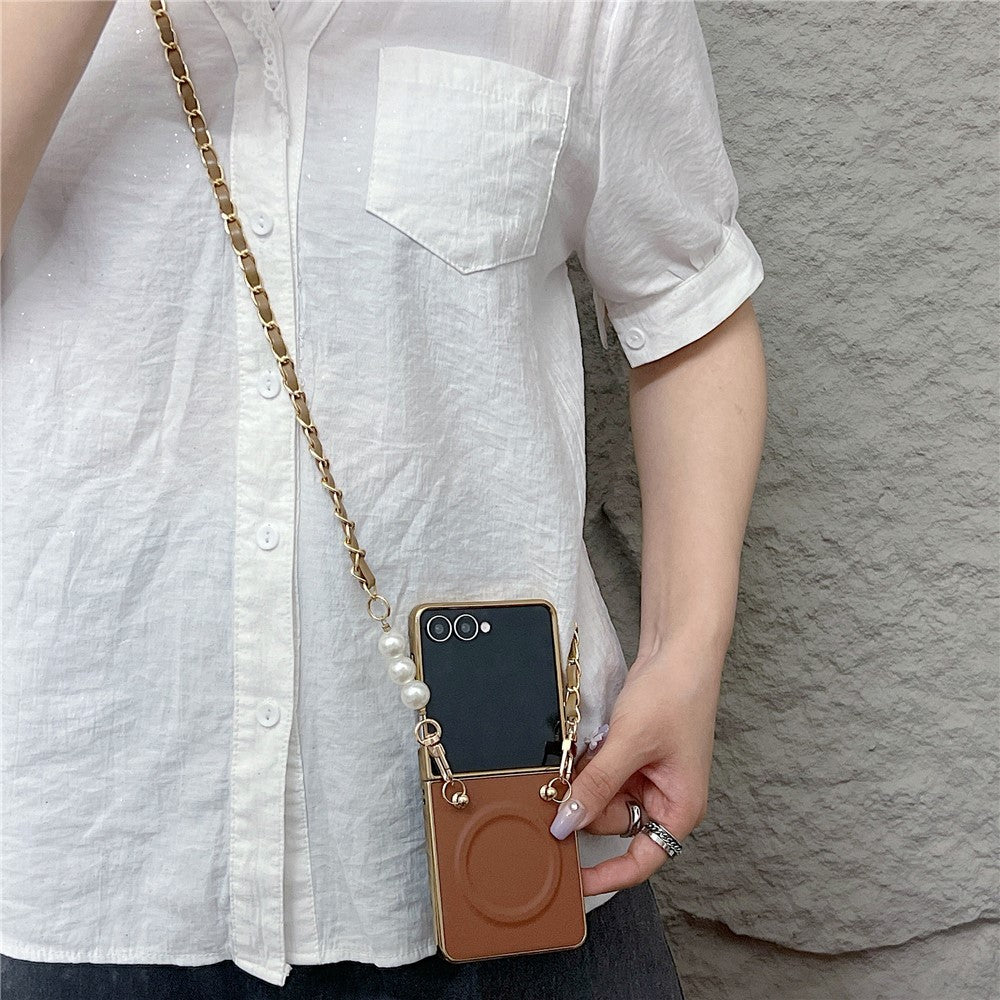 For Samsung Galaxy Z Flip7 5G Magnetic Case with Shoulder Strap Nappa Texture PU TPU PC Phone Back Cover - White