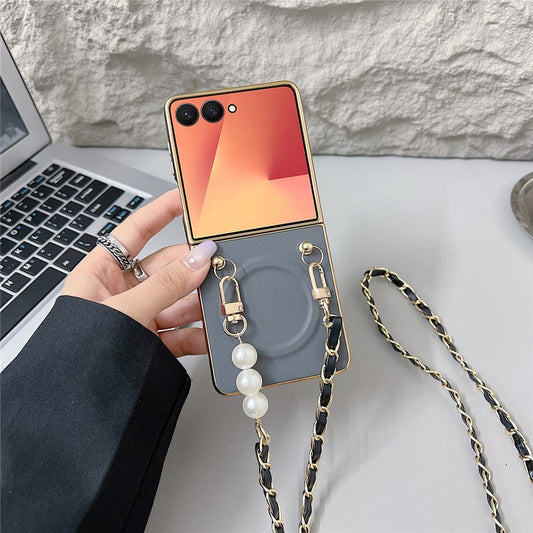 For Samsung Galaxy Z Flip7 5G Magnetic Case with Shoulder Strap Nappa Texture PU TPU PC Phone Back Cover - Navy Blue