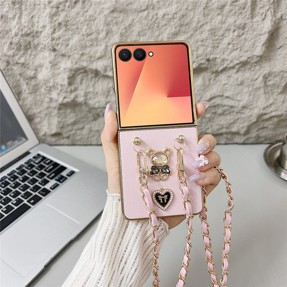 For Samsung Galaxy Z Flip7 5G Case with Lanyard Nappa Heart Bear Decor Texture PU TPU PC Phone Back Cover - Pink