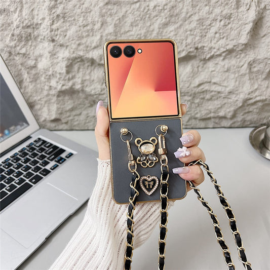 For Samsung Galaxy Z Flip7 5G Case with Lanyard Nappa Heart Bear Decor Texture PU TPU PC Phone Back Cover - Navy Blue