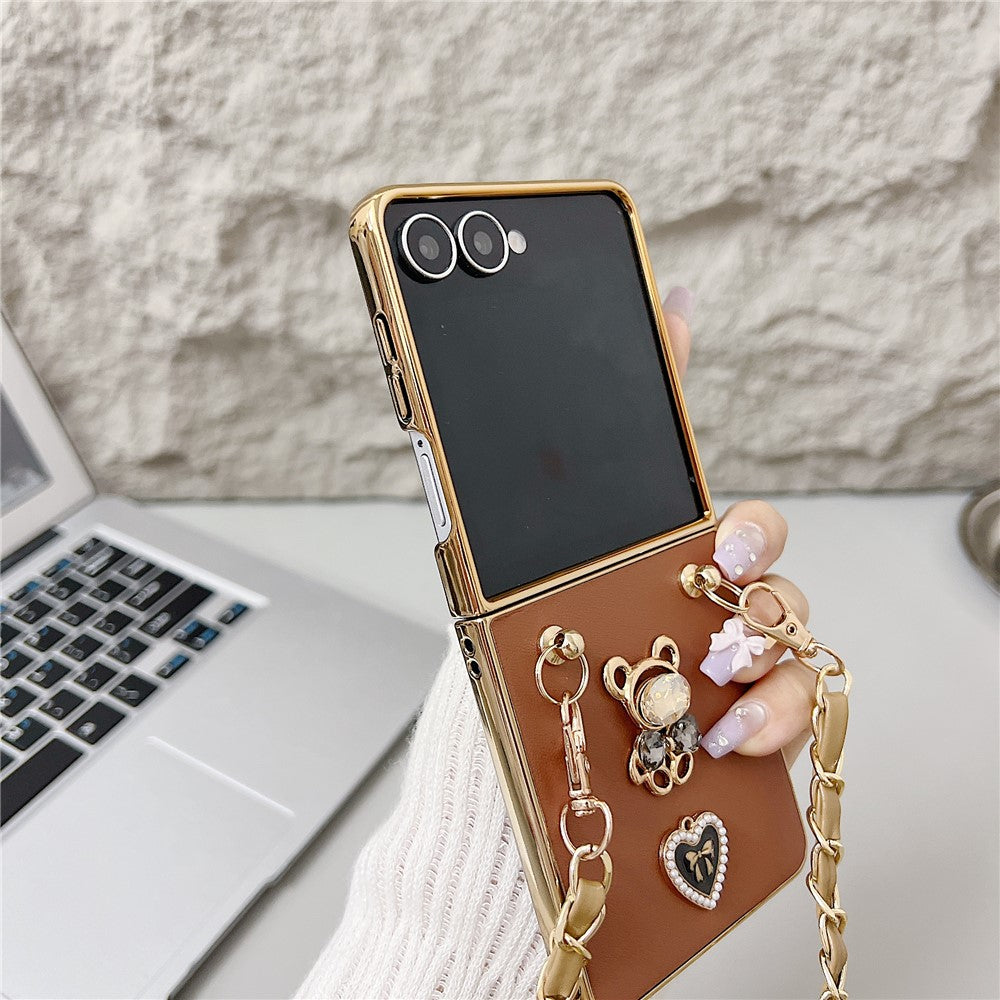 For Samsung Galaxy Z Flip7 5G Case with Lanyard Nappa Heart Bear Decor Texture PU TPU PC Phone Back Cover - Navy Blue