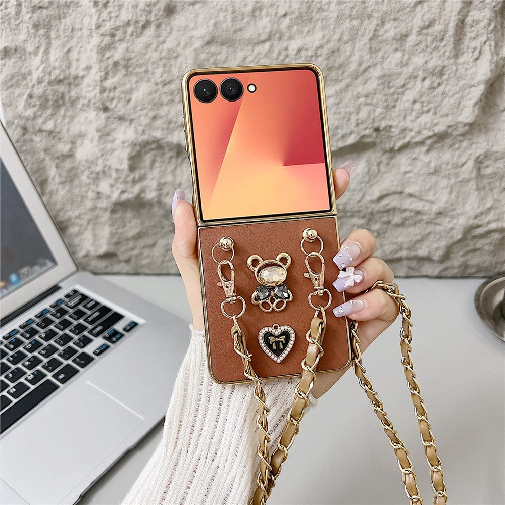For Samsung Galaxy Z Flip7 5G Case with Lanyard Nappa Heart Bear Decor Texture PU TPU PC Phone Back Cover - Brown