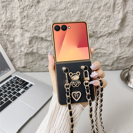 For Samsung Galaxy Z Flip7 5G Case with Lanyard Nappa Heart Bear Decor Texture PU TPU PC Phone Back Cover - Black