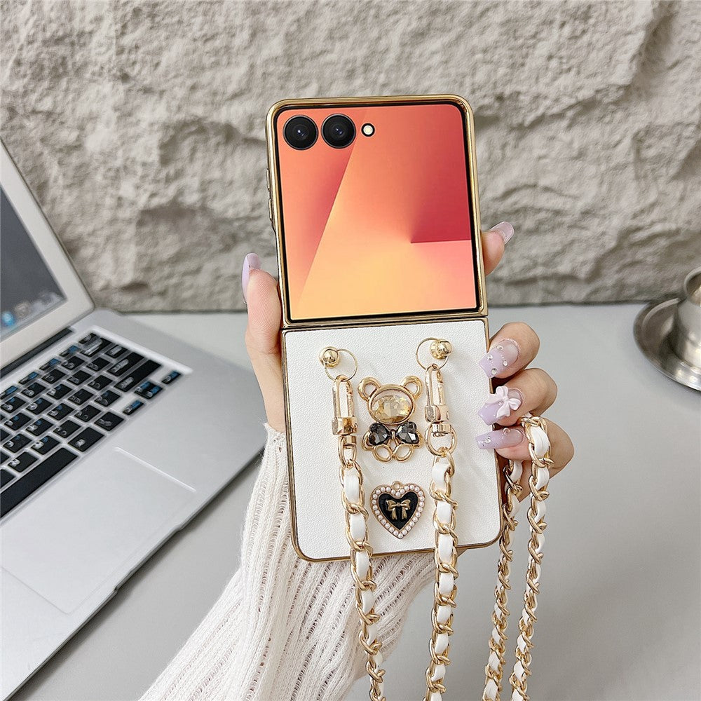 For Samsung Galaxy Z Flip7 5G Case with Lanyard Nappa Heart Bear Decor Texture PU TPU PC Phone Back Cover - White