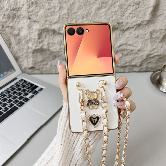 For Samsung Galaxy Z Flip7 5G Case with Lanyard Nappa Heart Bear Decor Texture PU TPU PC Phone Back Cover - White