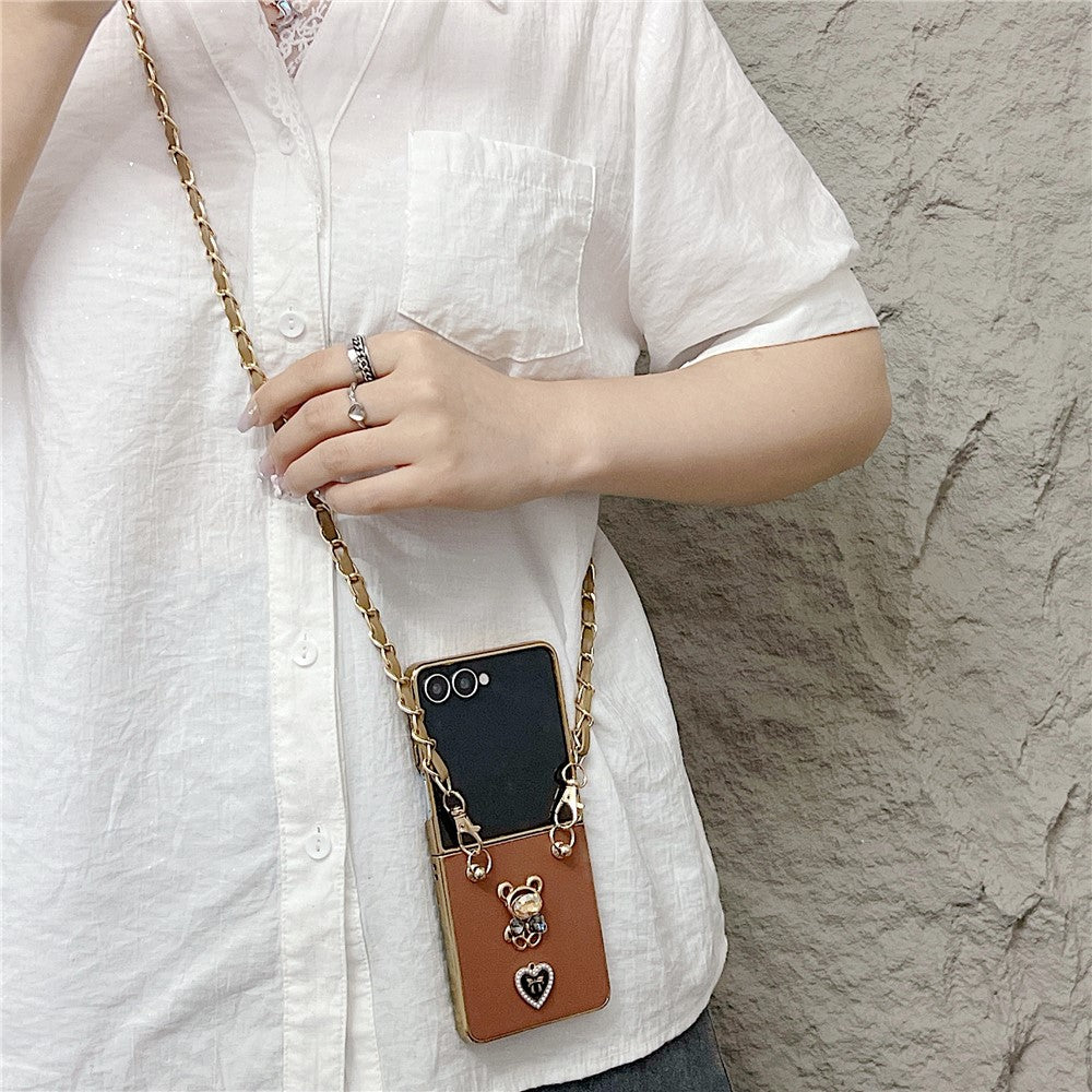 For Samsung Galaxy Z Flip7 5G Case with Lanyard Nappa Heart Bear Decor Texture PU TPU PC Phone Back Cover - White