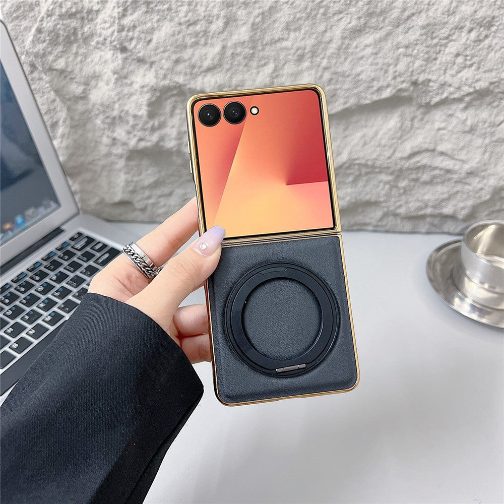 For Samsung Galaxy Z Flip7 5G Magnetic Case with Rotating Kickstand Nappa Texture PU TPU PC Phone Back Cover - Black