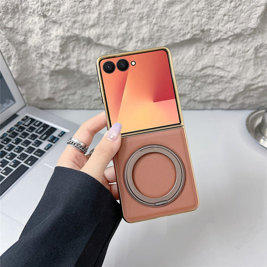 For Samsung Galaxy Z Flip7 5G Magnetic Case with Rotating Kickstand Nappa Texture PU TPU PC Phone Back Cover - Brown