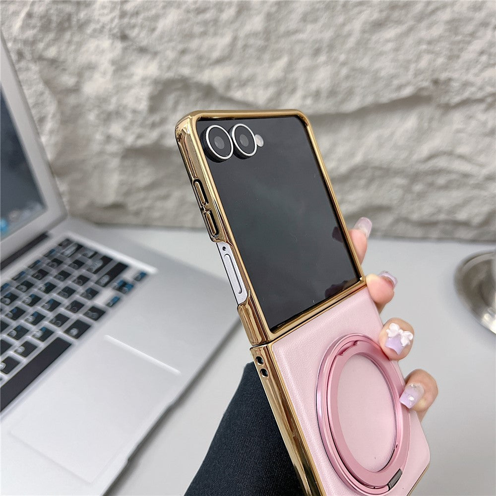 For Samsung Galaxy Z Flip7 5G Magnetic Case with Rotating Kickstand Nappa Texture PU TPU PC Phone Back Cover - Navy Blue