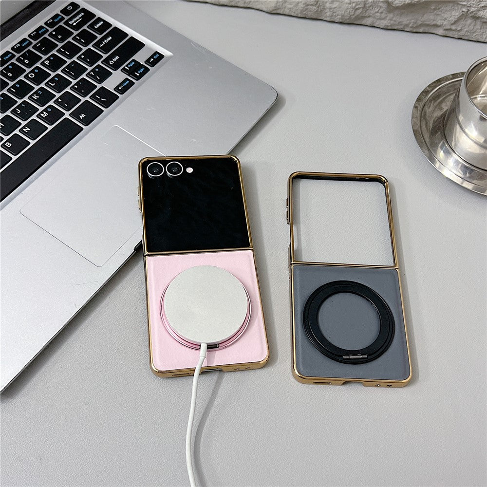For Samsung Galaxy Z Flip7 5G Magnetic Case with Rotating Kickstand Nappa Texture PU TPU PC Phone Back Cover - Navy Blue