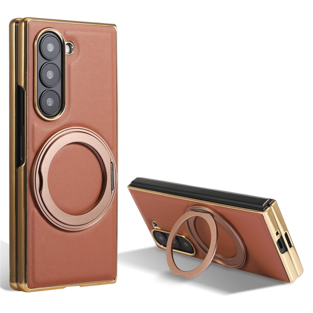 For Samsung Galaxy Z Fold7 5G Magnetic Case with Rotating Kickstand Nappa Texture PU TPU PC Phone Back Cover - Brown