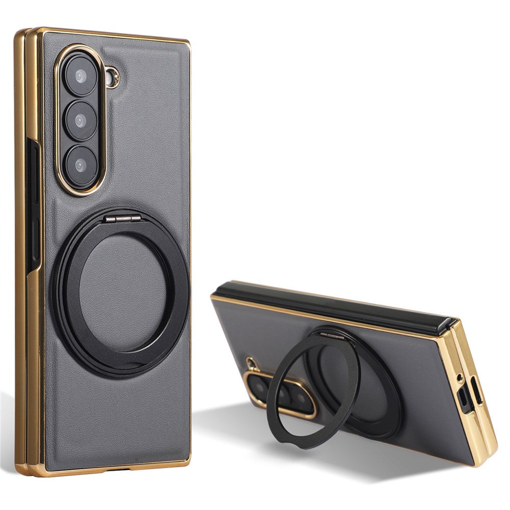 For Samsung Galaxy Z Fold7 5G Magnetic Case with Rotating Kickstand Nappa Texture PU TPU PC Phone Back Cover - Navy Blue